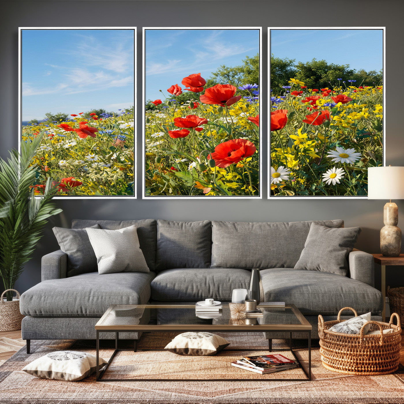 38570784-MGV-CV-36X24 - Wildflower Meadow Wall Art Canvas Print – Colorful Poppy and Daisy Field Landscape Artwork for Living Room Decor