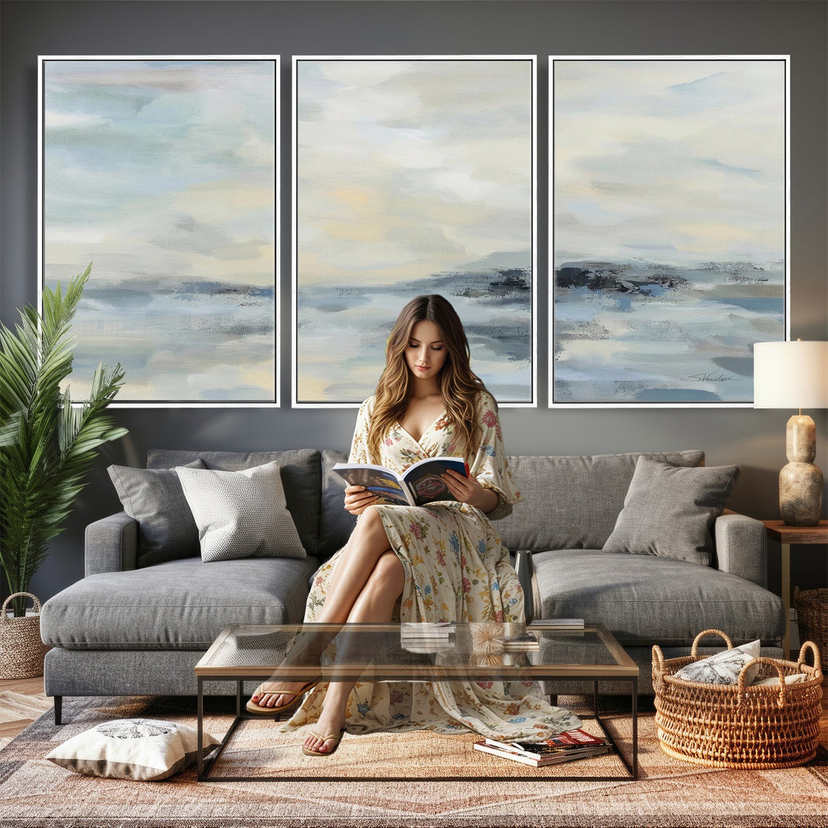 Abstract Coastal Landscape Wall Art Canvas Print | Soft Blue Gray Minimalist Art