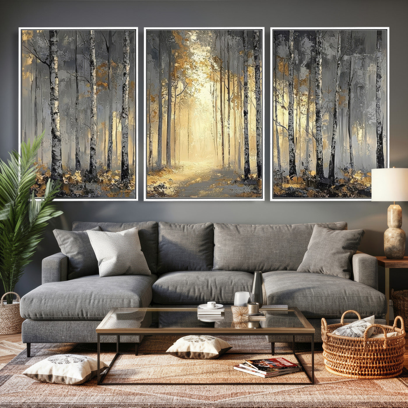 41017042-MGV-CV-36X24 - Abstract Birch Forest Wall Art Canvas Print – Modern Neutral Woodland Landscape Artwork for Living Room Decor