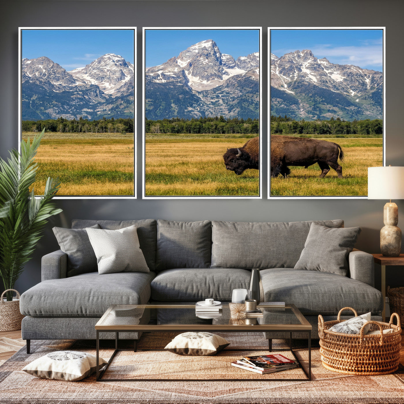 20424529-MGV-CV-36X24 - Bison in Mountain Landscape Wall Art Canvas Print – Western Wildlife Artwork for Rustic Living Room Decor