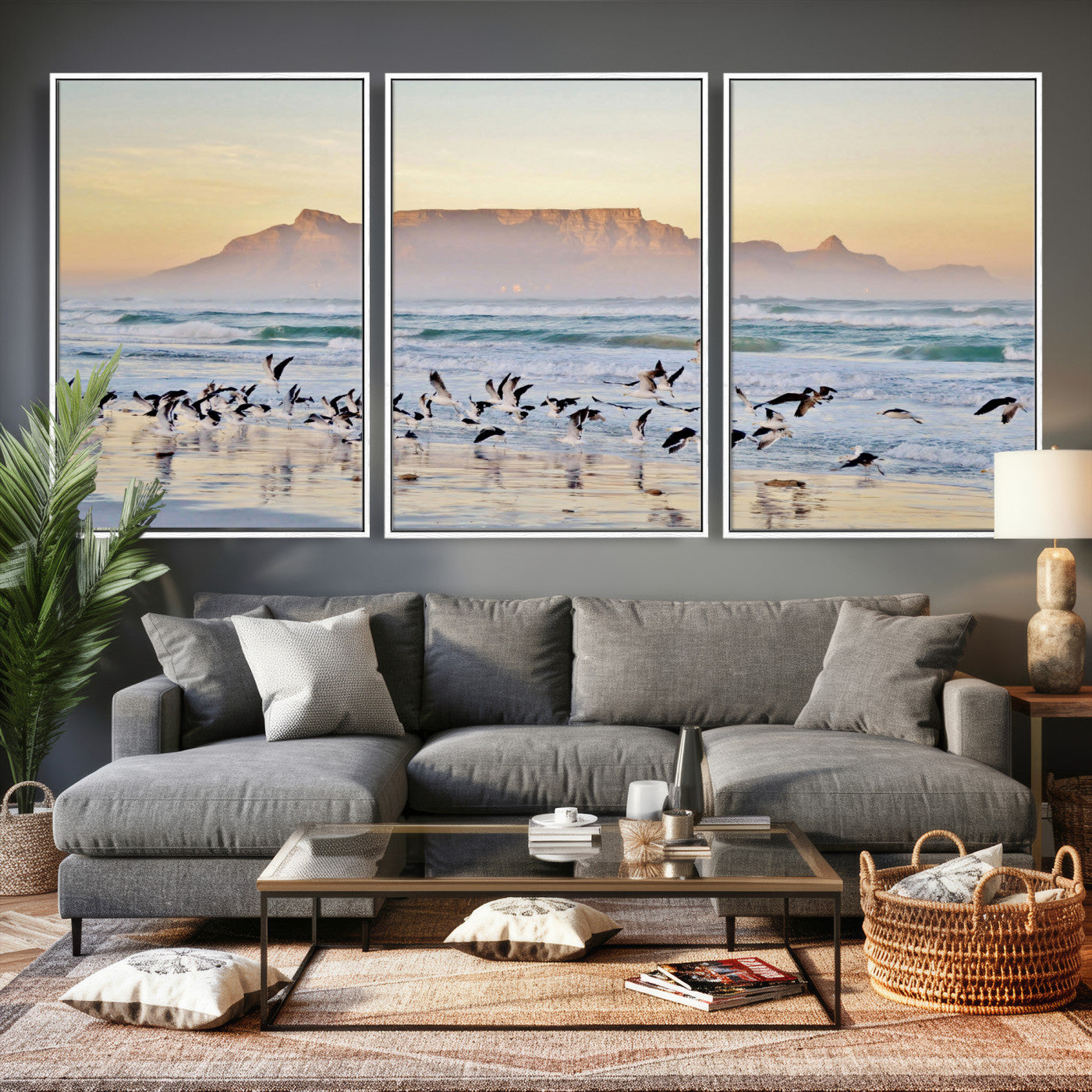 78989362-MGV-CV-36X24 - Seagulls Over Ocean Wall Art Canvas Print – Coastal Beach Landscape Artwork for Living Room Decor