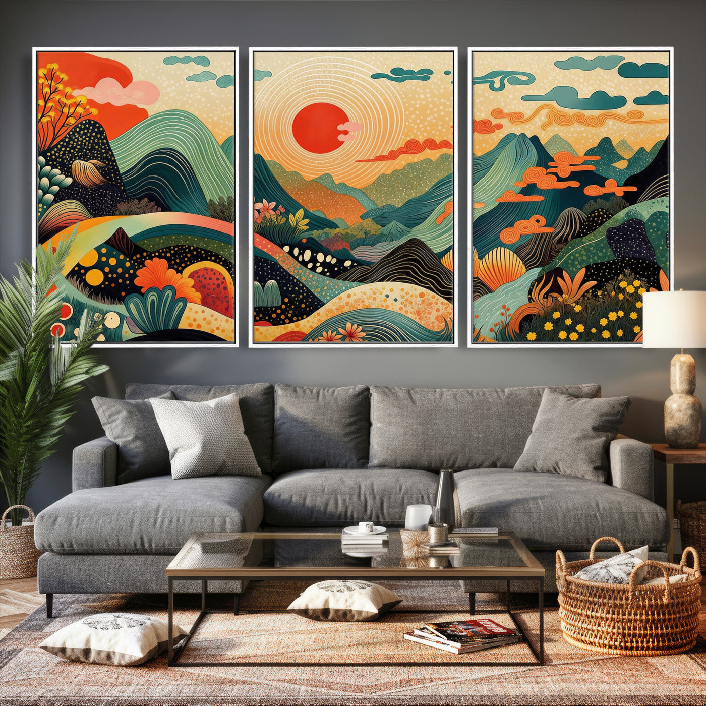 29927191-MGV-CV-36X24 - Yayoi Kusama Boho Mountain Landscape Large Wall Art, Horizontal Gold Framed Canvas Print with Sun and Flowers