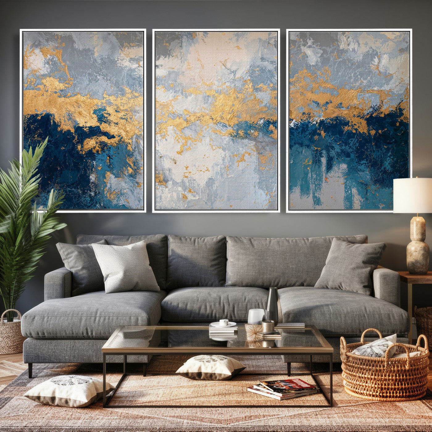 65386119-MGV-CV-36X24 - Blue Gold Abstract Large Framed Canvas Wall Art, Modern Luxury Painting Print in Horizontal Oversized Minimal Wall Decor Artwork