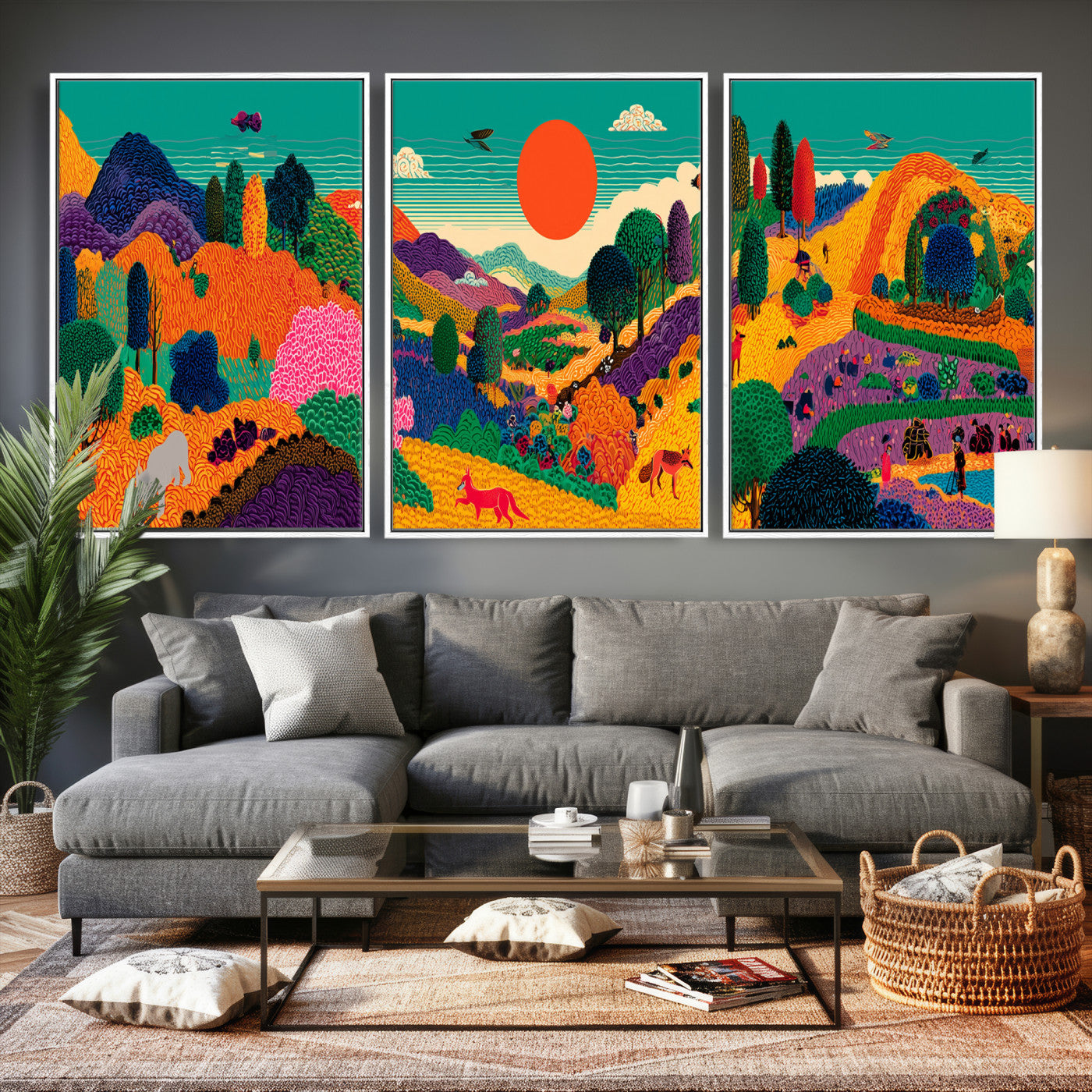 45710397-MGV-CV-48X32-3P - Colorful Japanese Landscape Print: Maximalist Panoramic Wall Art