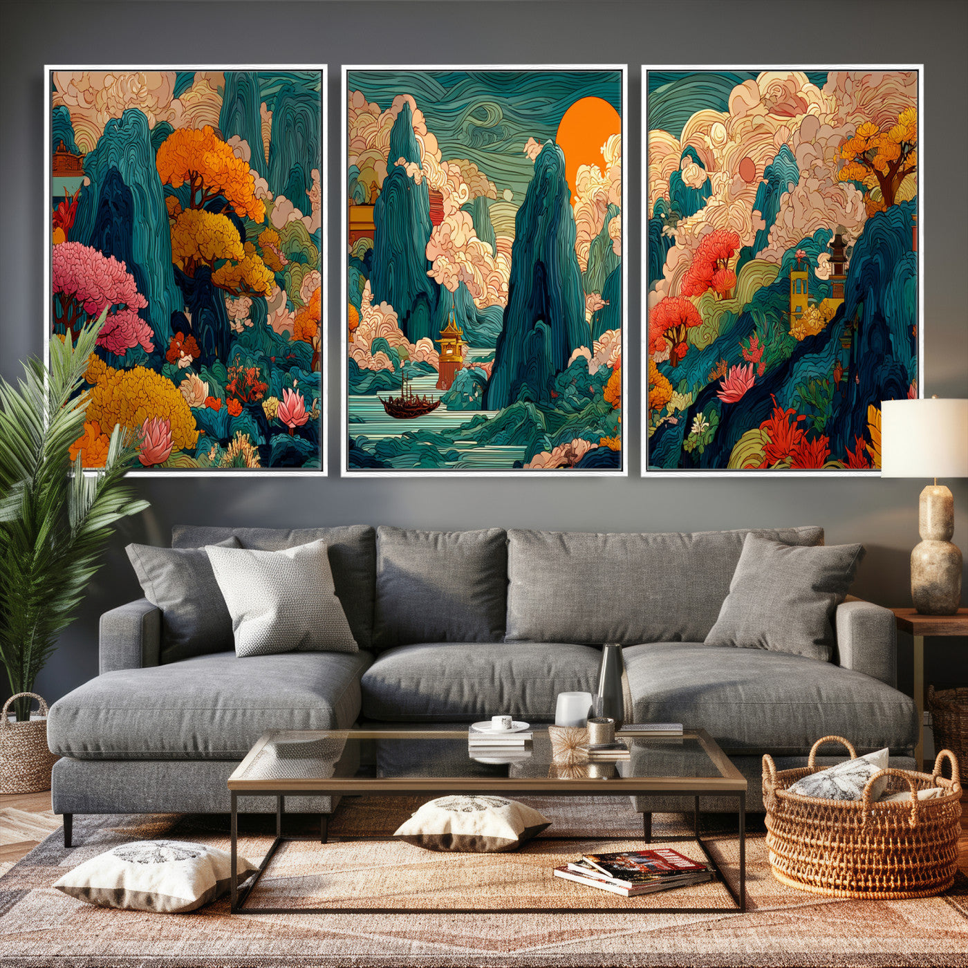 90422518-MGV-CV-48X32-3P - Colorful Japanese Landscape Print: Maximalist Panoramic Wall Art