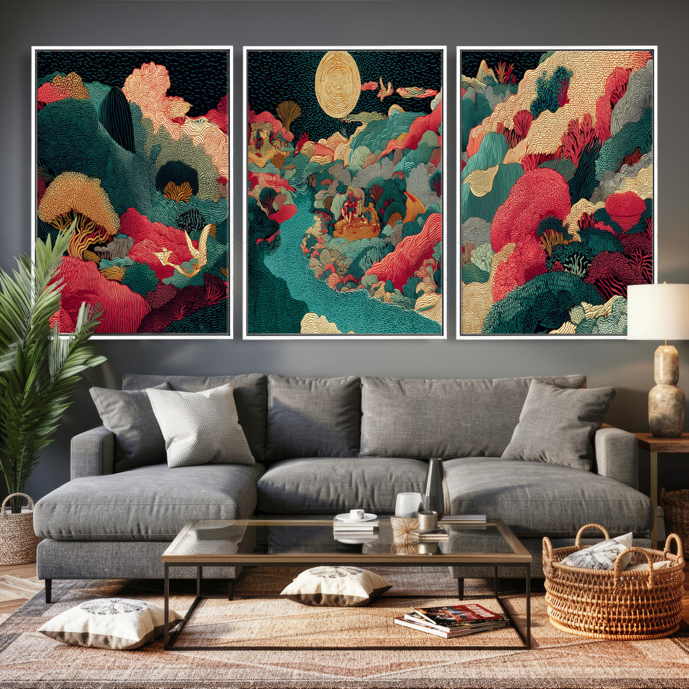 36816259-MGV-CV-48X32-3P - Colorful Japanese Landscape Print: Maximalist Panoramic Wall Art