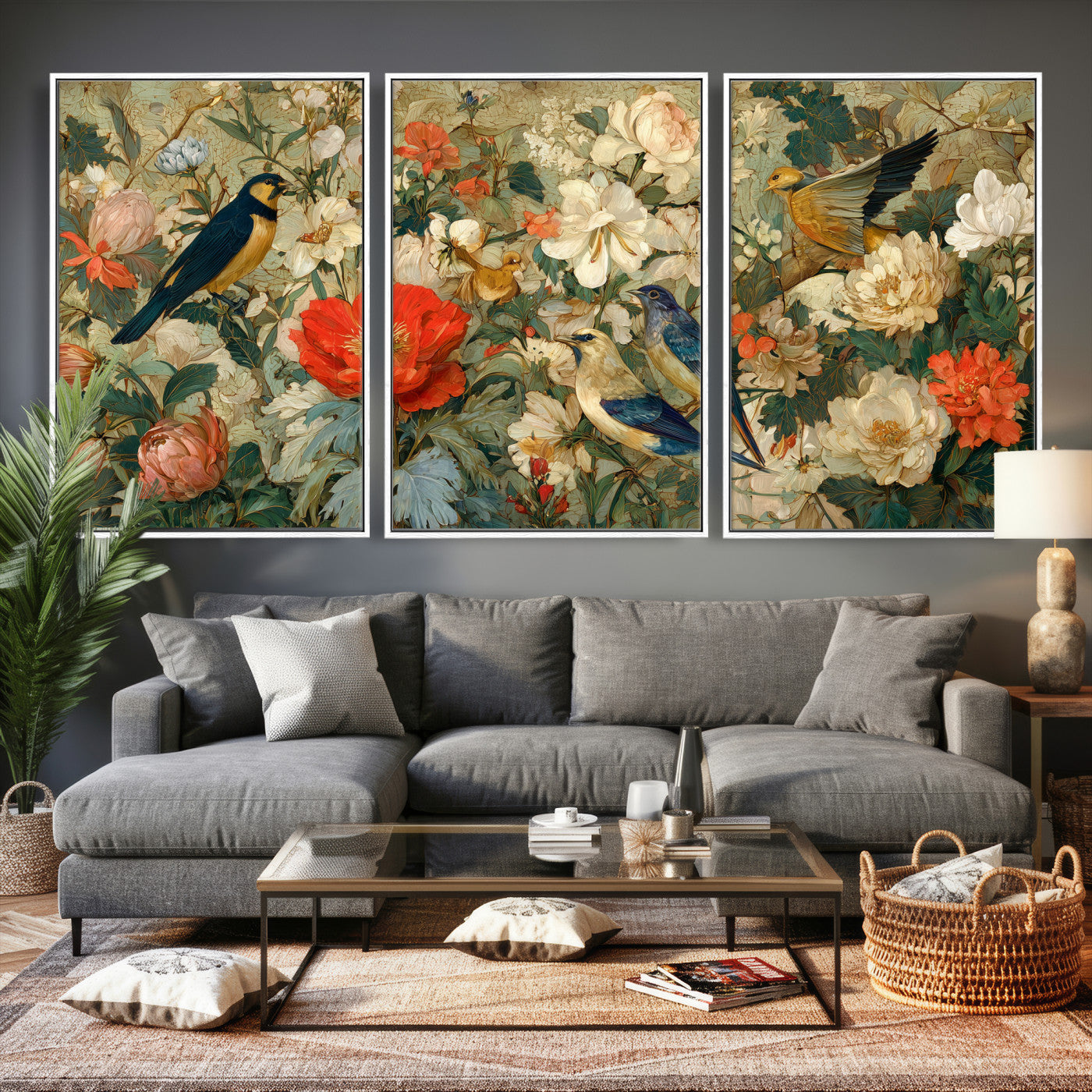 52904757-MGV-CV-36X24 - Vintage Birds and Flowers Wall Art Canvas Print, Botanical Bird Painting Canvas Print, Floral Garden Bird Artwork Canvas Print, Classic Bird Flower Painting Canvas Print