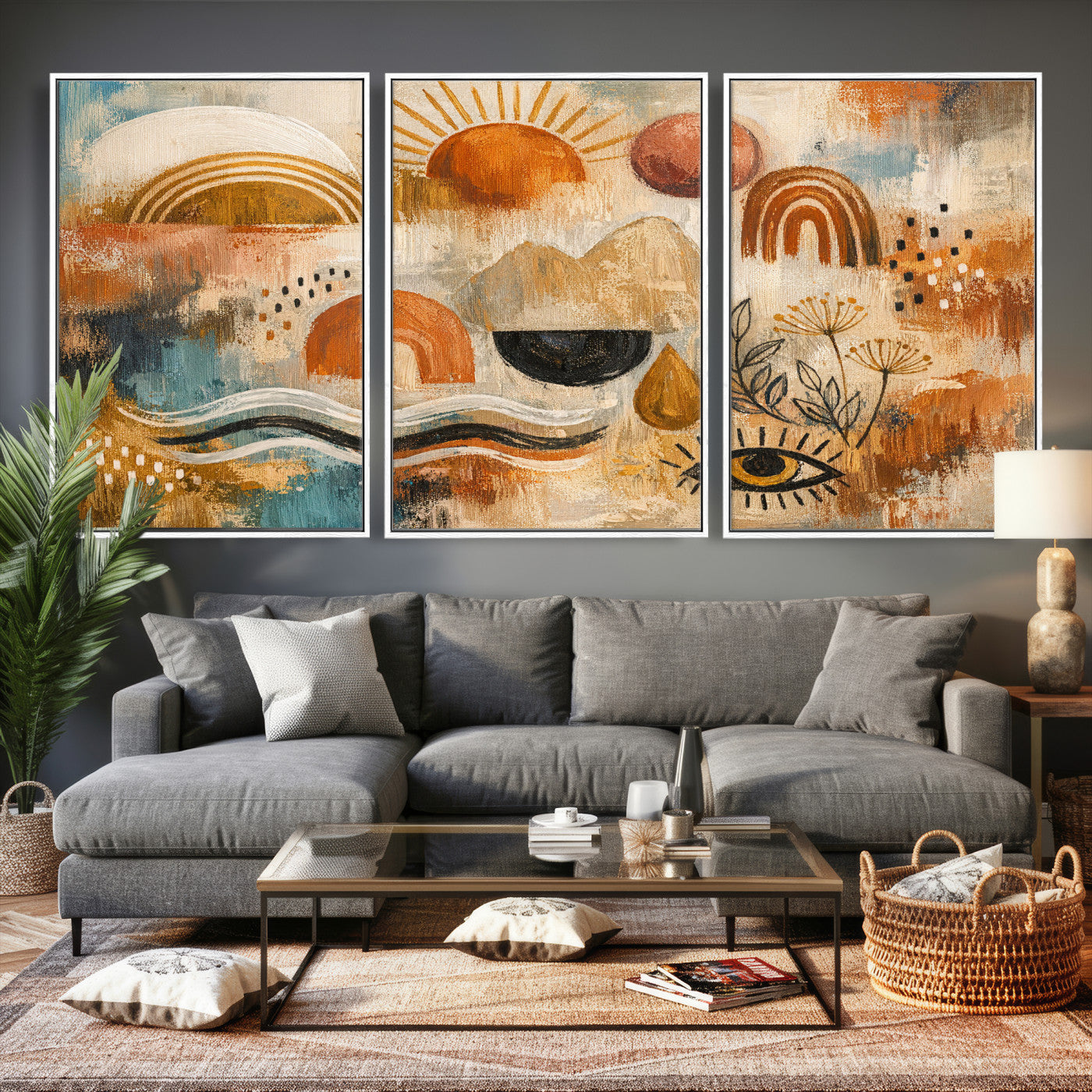 52155239-MGV-CV-36X24 - Geometric Boho Abstract Wall Art Canvas Print, Orange Blue Abstract Expressionist Painting Print, Modern Geometric Abstract Canvas Art