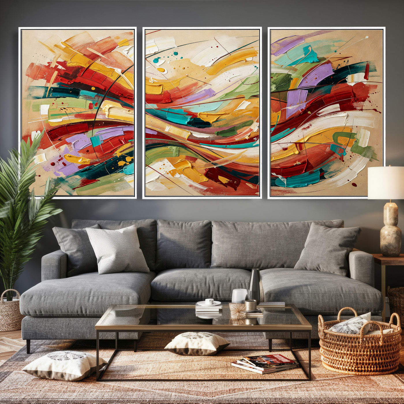 39887645-MGV-CV-36X24 - Geometric Abstract Wall Art Canvas Print, Orange Blue Abstract Expressionist Painting Print, Modern Geometric Abstract Canvas Art