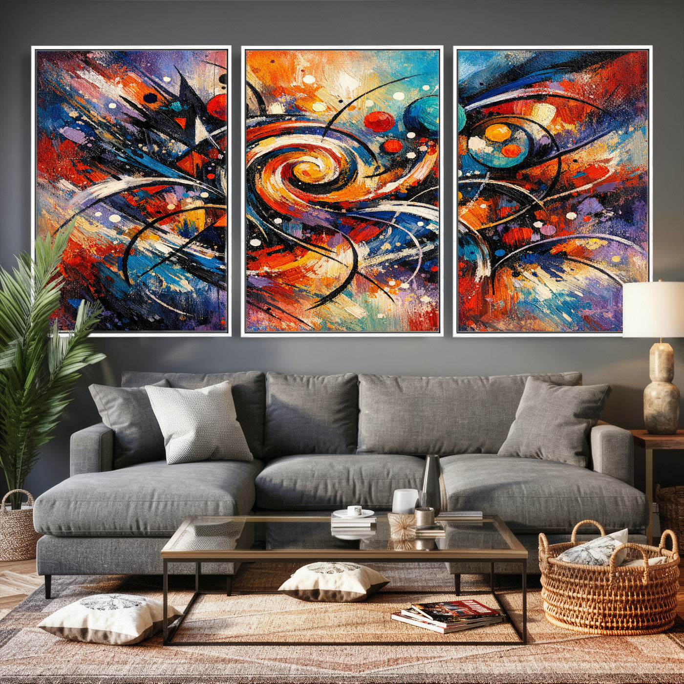 60193267-MGV-CV-36X24 - Geometric Abstract Wall Art Canvas Print, Orange Blue Abstract Expressionist Painting Print, Modern Geometric Abstract Canvas Art