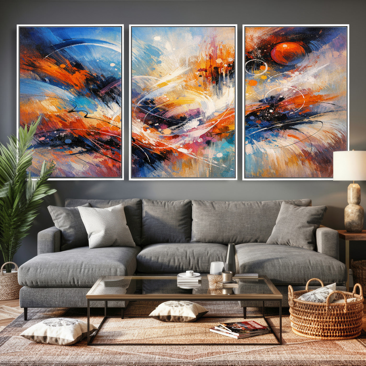 47770355-MGV-CV-36X24 - Geometric Abstract Wall Art Canvas Print, Orange Blue Abstract Expressionist Painting Print, Modern Geometric Abstract Canvas Art