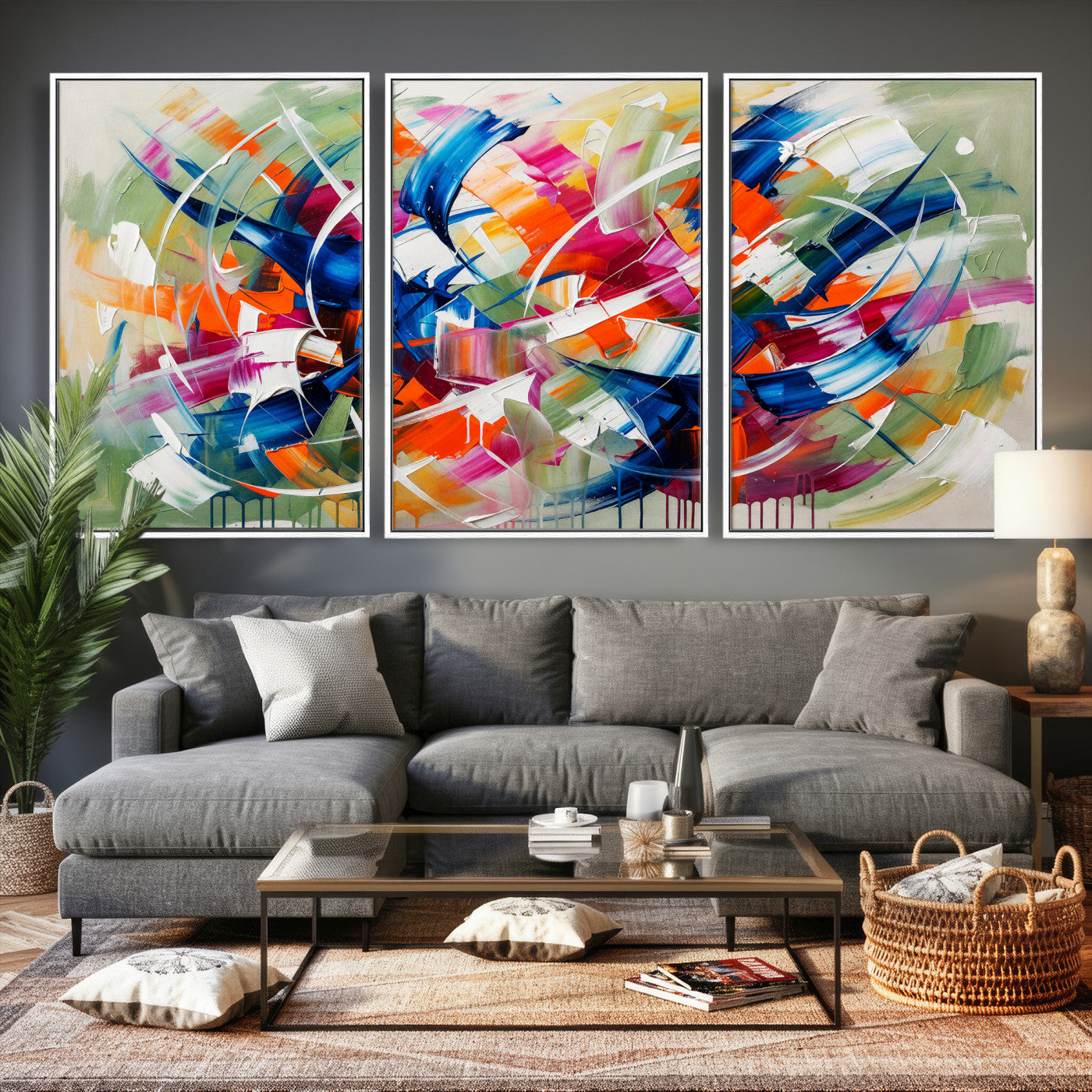 15032888-MGV-CV-36X24 - Geometric Abstract Wall Art Canvas Print, Orange Blue Abstract Expressionist Painting Print, Modern Geometric Abstract Canvas Art