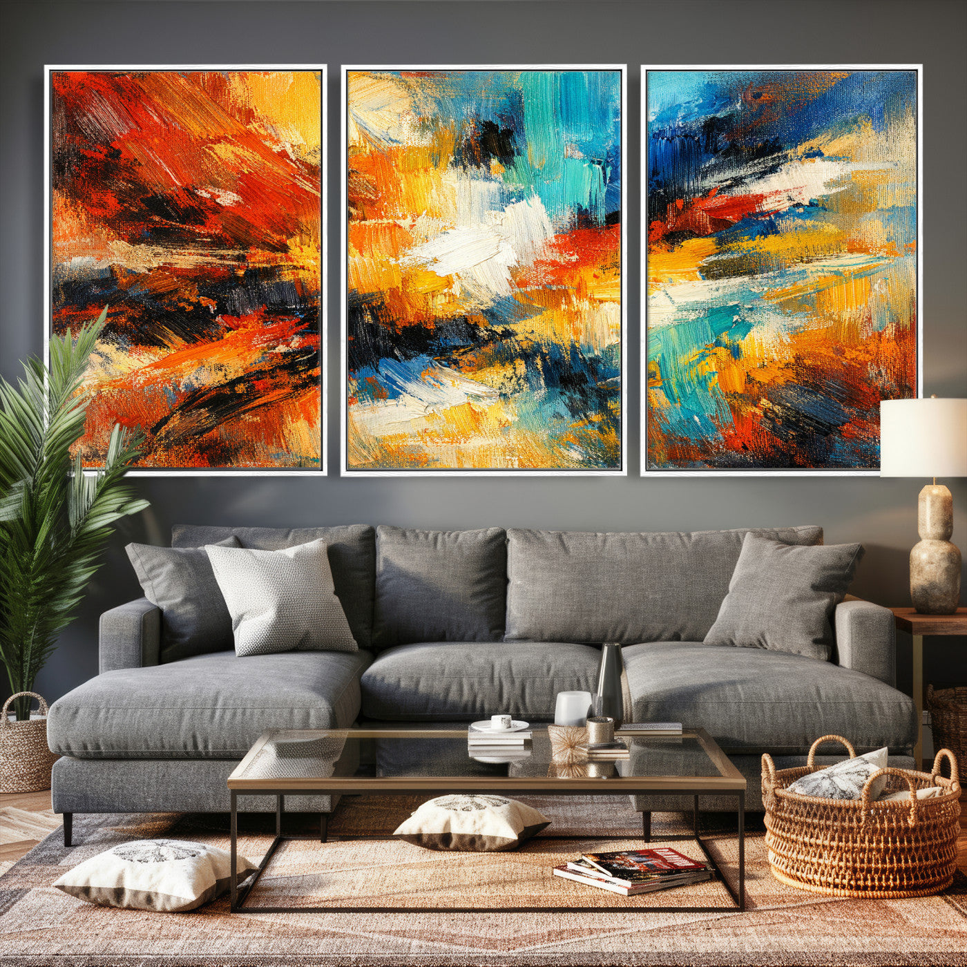 93167583-MGV-CV-36X24 - Geometric Abstract Wall Art Canvas Print, Orange Blue Abstract Expressionist Painting Print, Modern Geometric Abstract Canvas Art