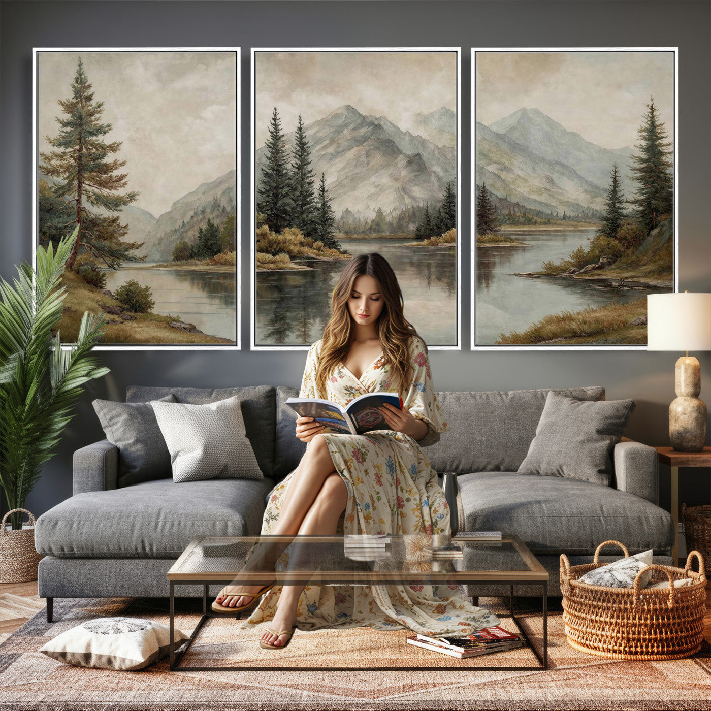 4712069V1-MGV-CV-60X30-3P - Vintage Mountain Landscape Wall Art Canvas Print Set, Rustic Nature Triptych Canvas, Neutral Lake Forest Mountain Wall Decor