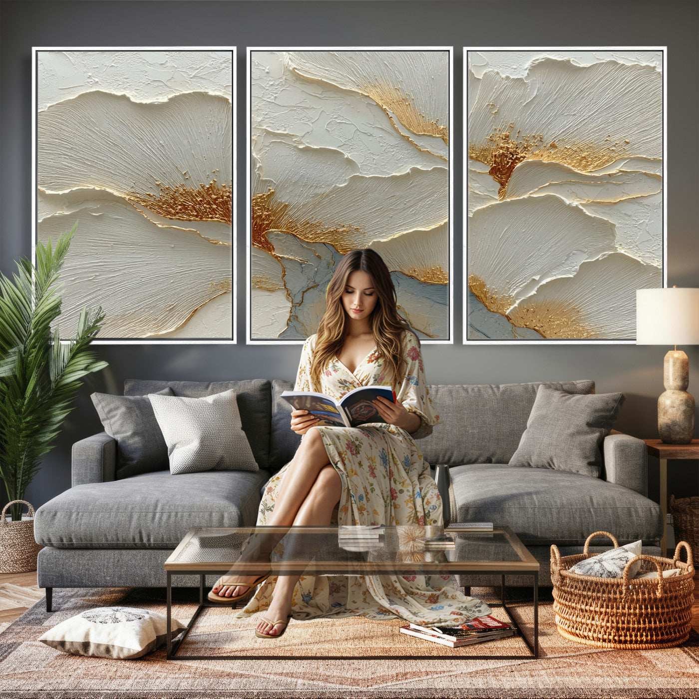 4712069F1-MGV-CV-36X24 - White Gold Floral Canvas Wall Art — Textured Flower Print | Luxury Botanical Decor | Elegant Bedroom Art | Gold Leaf Wall Art Gift