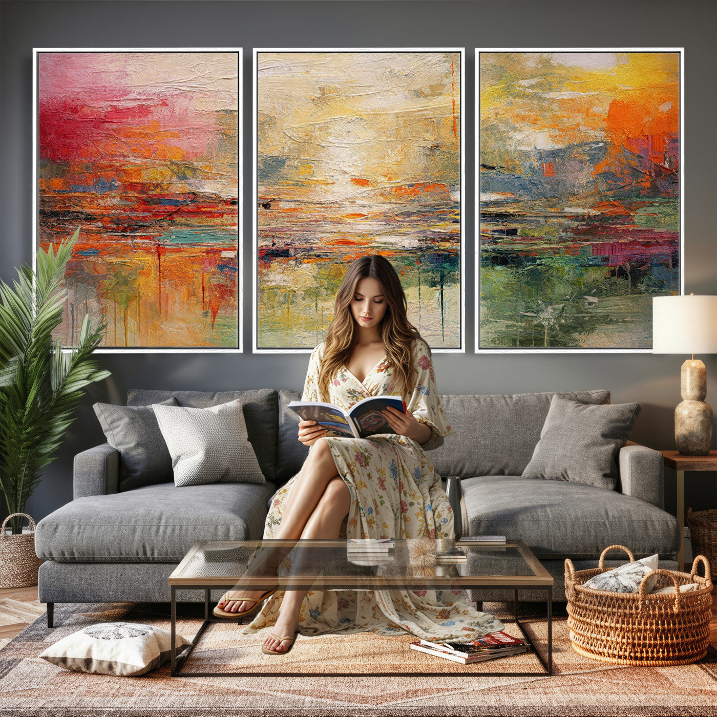 4712069P1-MGV-CV-36X24 - Colorful Abstract Canvas Wall Art — Large Textured Oil Painting Style Print | Orange Red Boho Wall Decor | Modern Living Room Art | Bold Wall Art