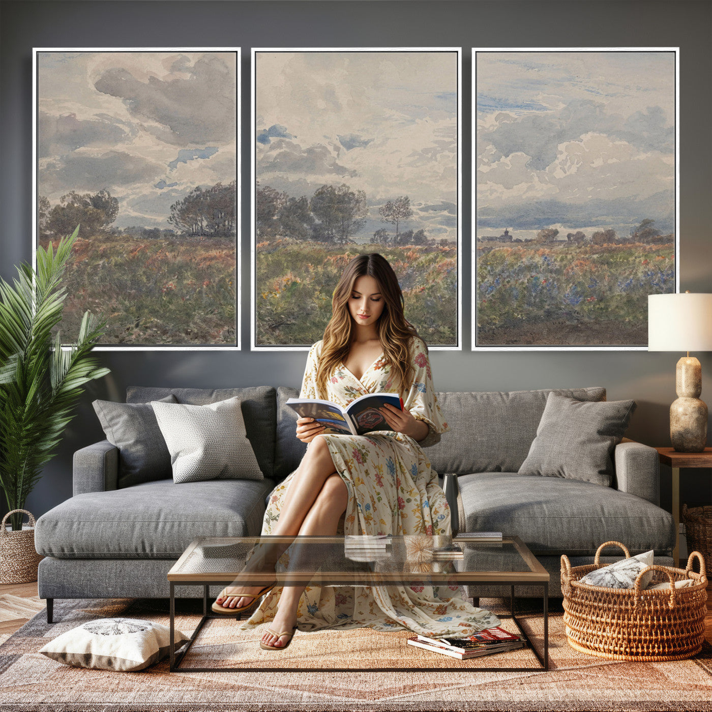 76626885-MGV-CV-36X24 - Vintage Watercolor Meadow Canvas Wall Art — English Pastoral Wildflower Storm Sky Print | Cottagecore Nature Decor | Classic Landscape Gift