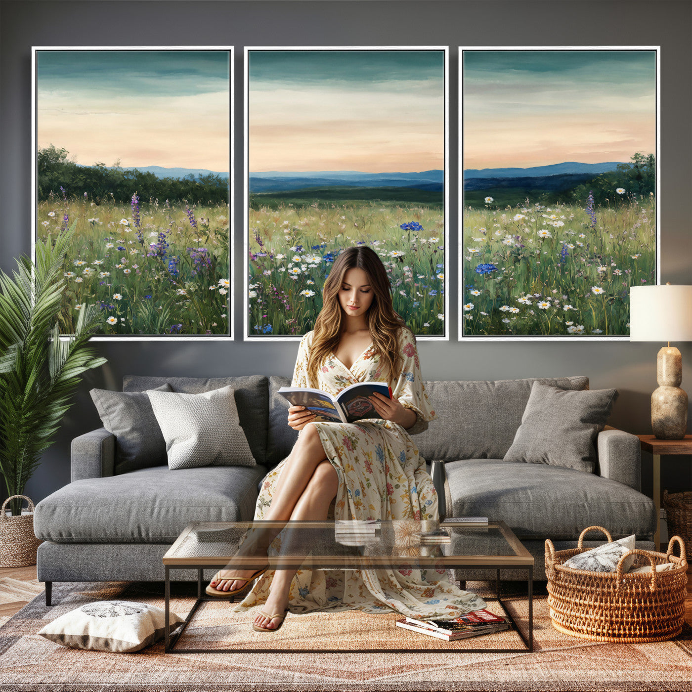 35773805-MGV-CV-36X24 - Wildflower Meadow Oil Painting Canvas Print - Daisy Lavender Mountain Sunset Print | Cottagecore Floral Wall Art - Bedroom Decor Gift for Her