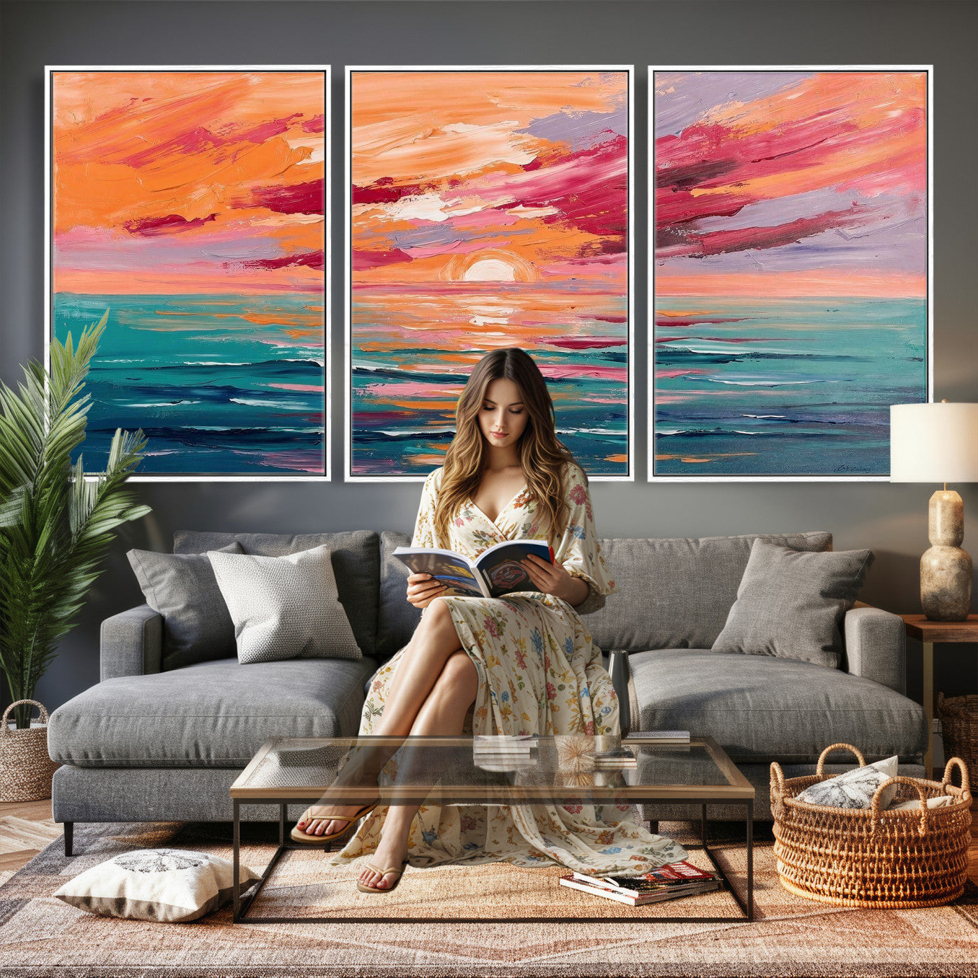 26763902-MGV-CV-36X24 - Bold Palette Knife Ocean Sunset Canvas — Orange Pink Teal Expressionist Sea Print | Colorful Coastal Wall Art | Vibrant Beach Decor Gift