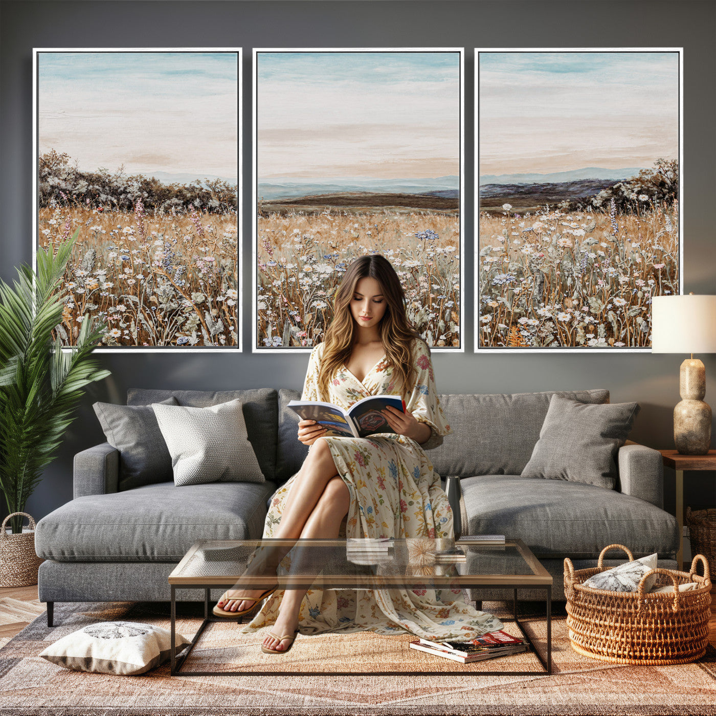 F35773805-MGV-CV-36X24 - Neutral Wildflower Field Canvas Wall Art — Beige Earth Tone Botanical Meadow Print | Farmhouse Boho Decor | Bedroom Living Room Gift Her