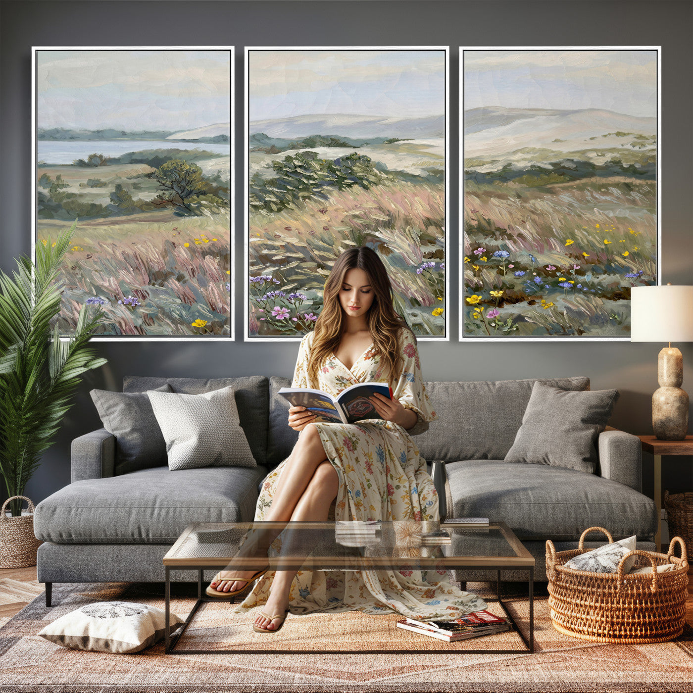 18013232-MGV-CV-36X24 - Katie Staples Hillside Canvas Wall Art — Coastal Wildflower Dune Oil Painting Print | Muted Green Nature Decor | Plein Air Landscape Gift