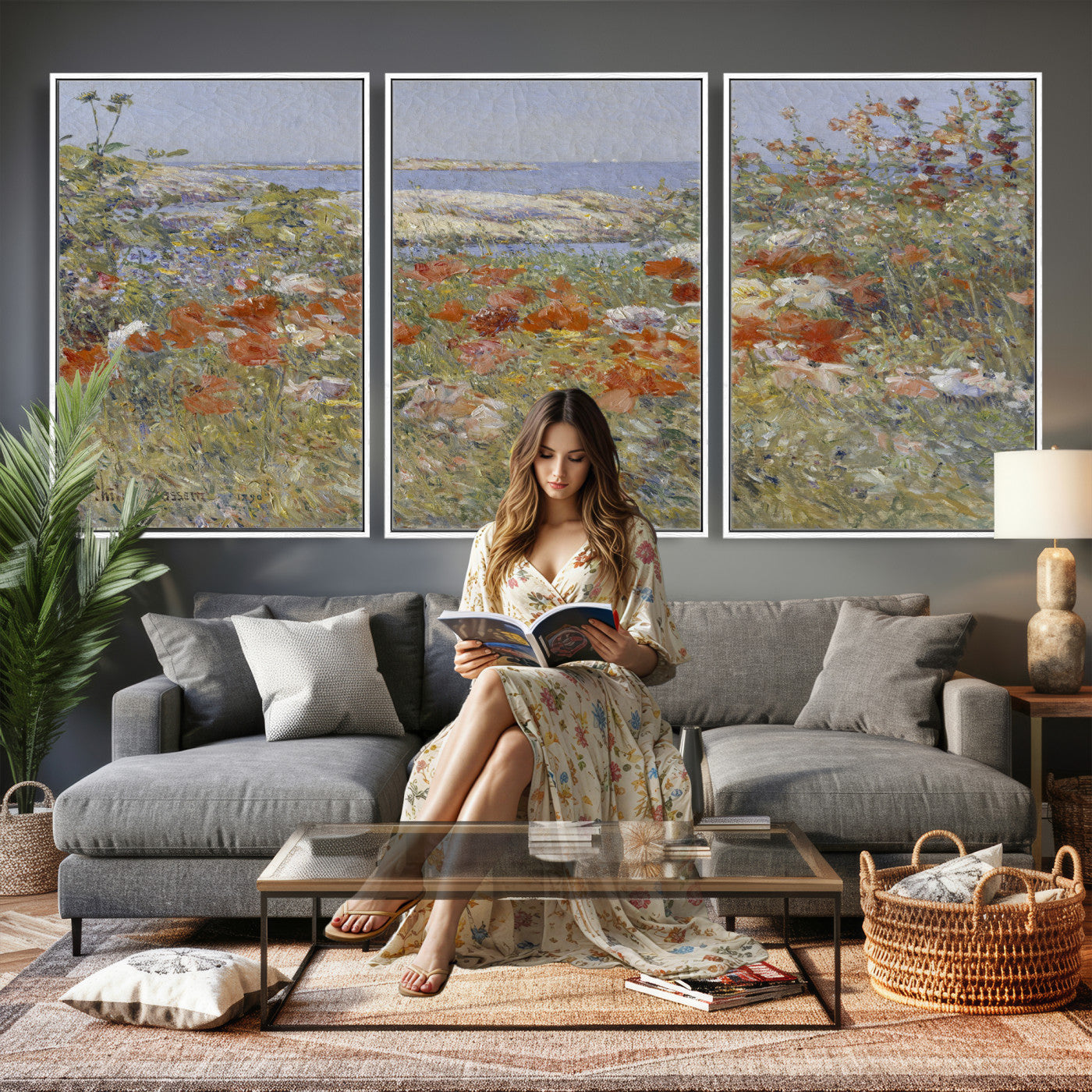 54770907-MGV-CV-36X24 - Childe Hassam Celia Thaxter Garden Canvas — 1890 American Impressionist Poppy Floral Print | Isles of Shoals Coastal Art | Classic Gift