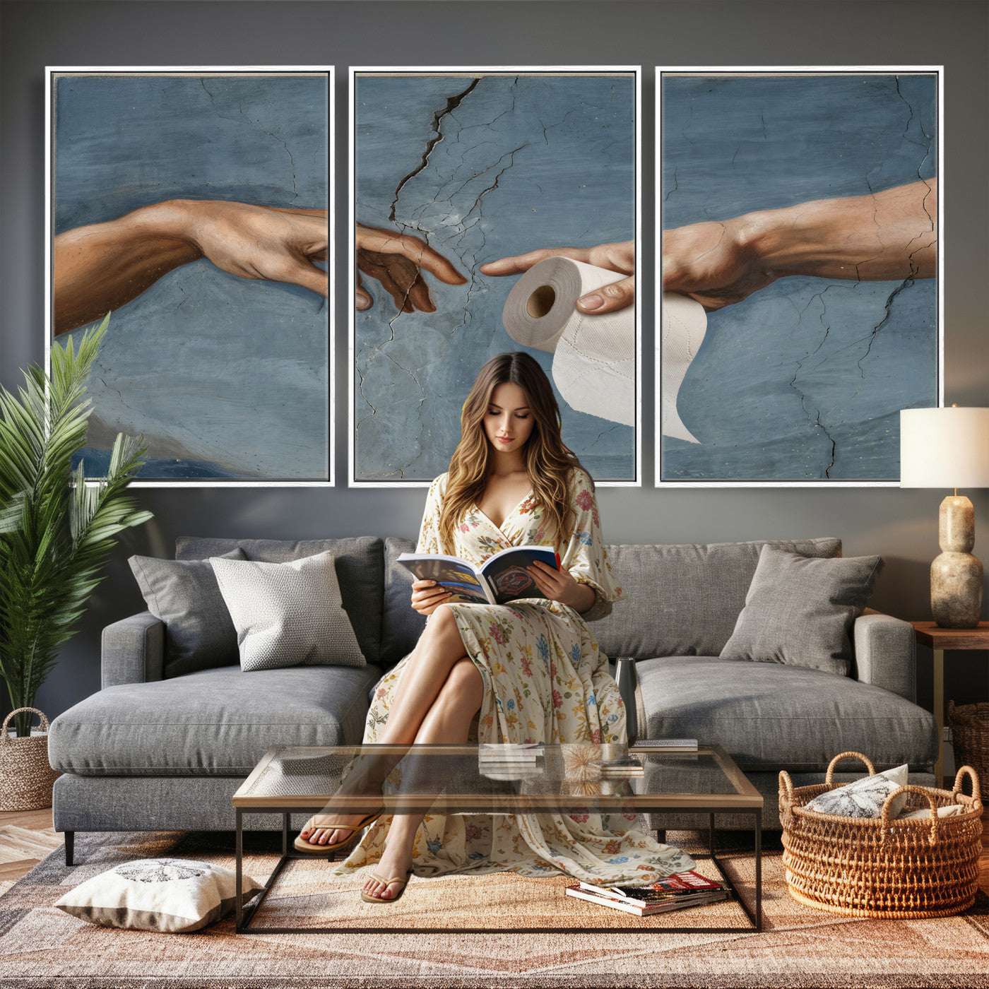 42648143-MGV-CV-36X24 - Funny Bathroom Canvas Wall Art, Michelangelo Creation of Adam Toilet Paper Parody, Renaissance Humor Print, Quirky Housewarming Gift, Toilet Room Decor