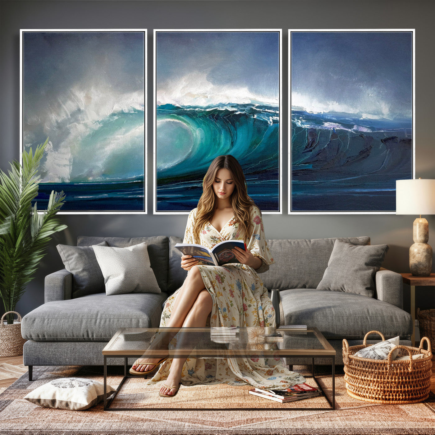 35491180-MGV-CV-60X30-3P - Ocean Wave Canvas Wall Art, Dramatic Teal Blue Seascape Oil Painting Print, Stormy Sea Coastal Decor, Large Beach House Art, Surf Wave Statement Art