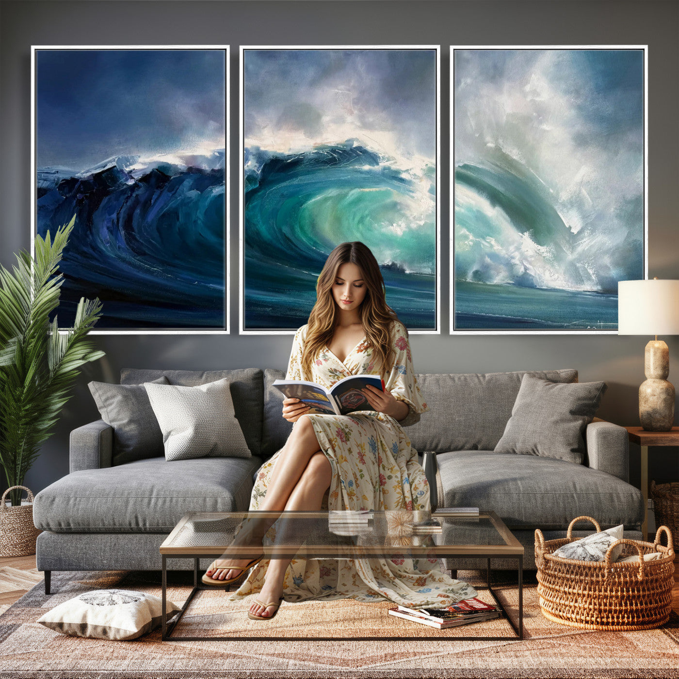 80752160-MGV-CV-60X30-3P - Ocean Wave Canvas Wall Art, Dramatic Teal Blue Seascape Oil Painting Print, Stormy Sea Coastal Decor, Large Beach House Art, Surf Wave Statement Art