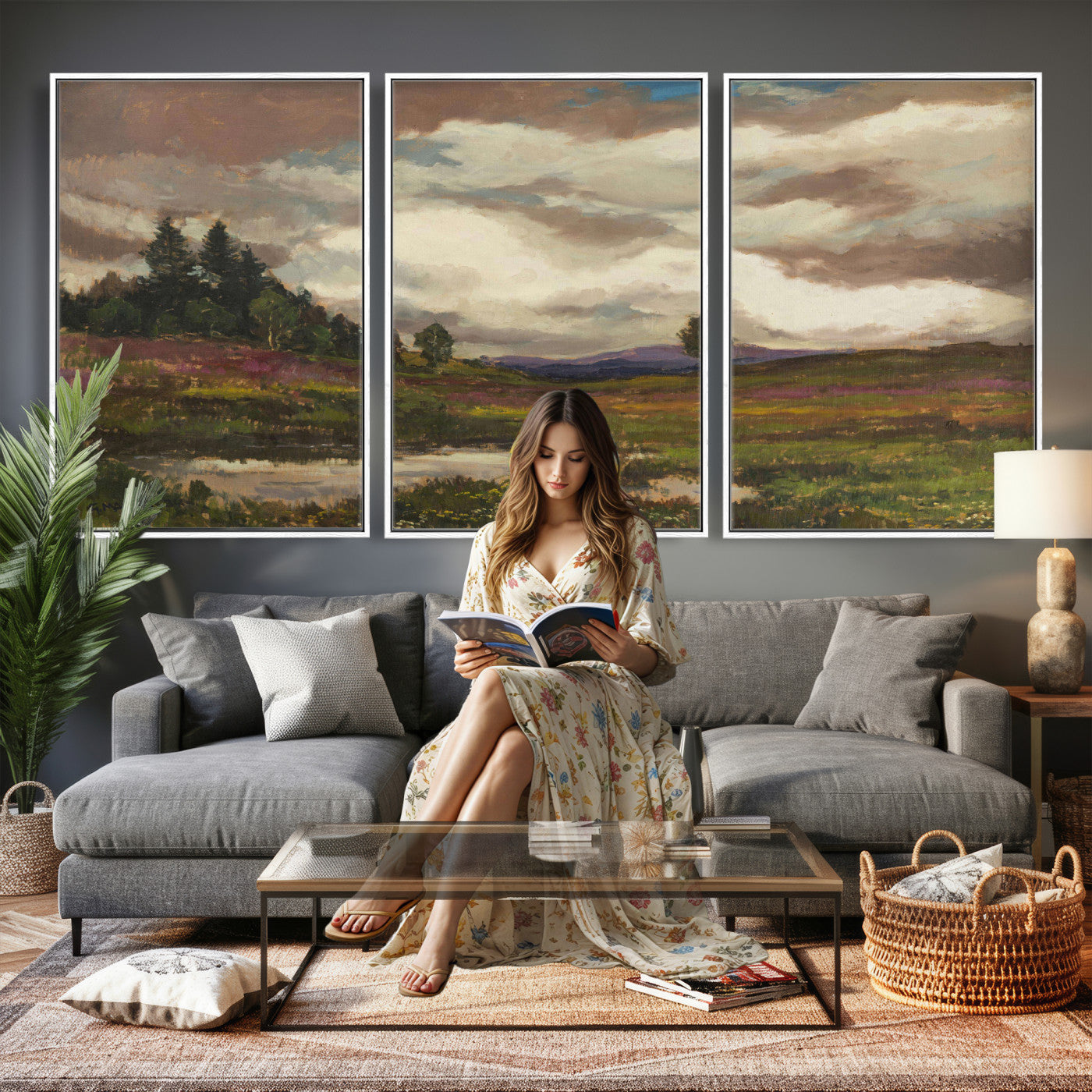 96795851-MGV-CV-36X24 - Gustav Macoun Heathland Canvas Print, Czech Landscape Oil Painting Reproduction, Purple Heather Moorland Art, Vintage European Nature Decor