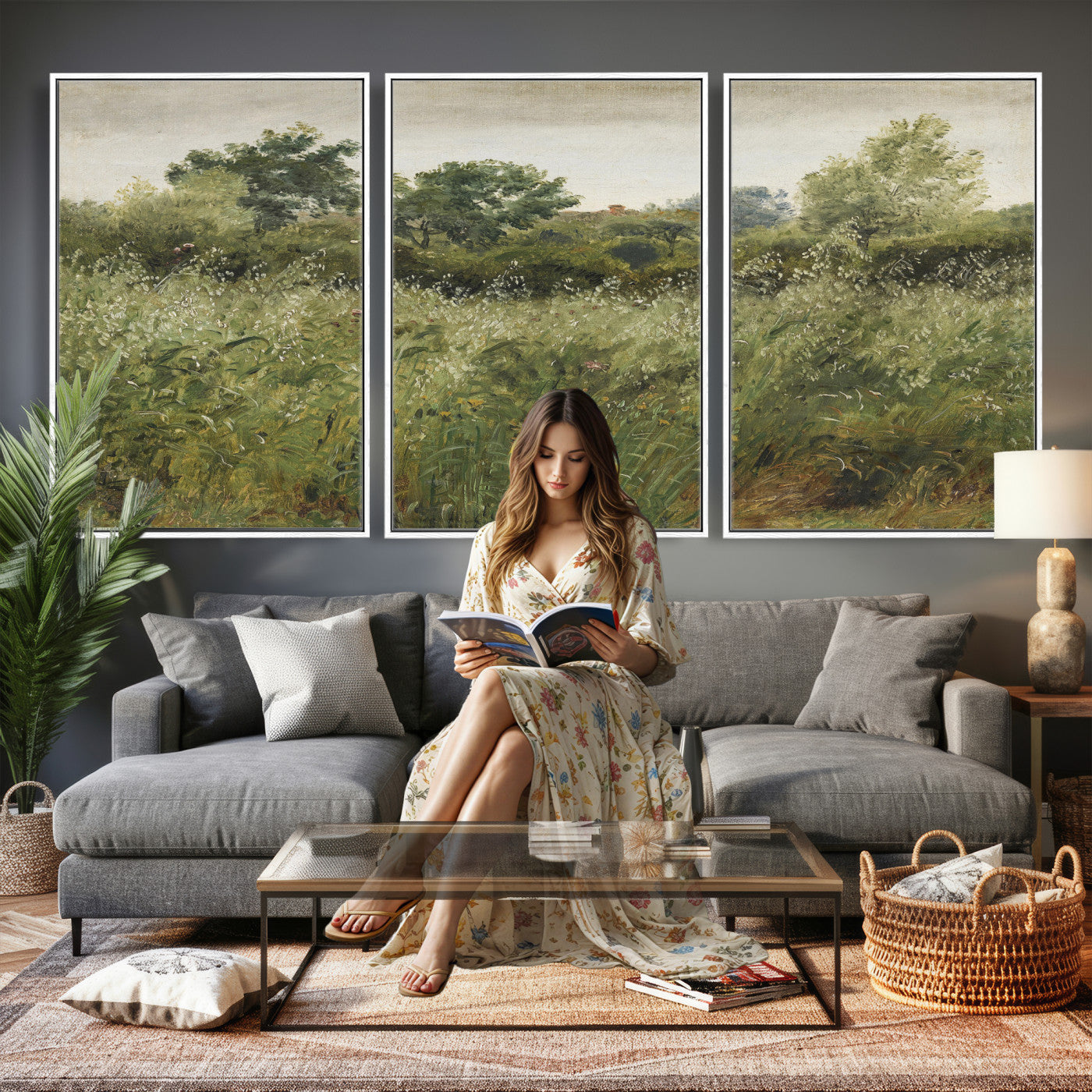 92328261-MGV-CV-36X24 - Wildflower Meadow Canvas Wall Art, Impressionist Overgrown Field Painting Print, Vintage Green Nature Decor, Cottagecore Botanical Art, Living Room Print