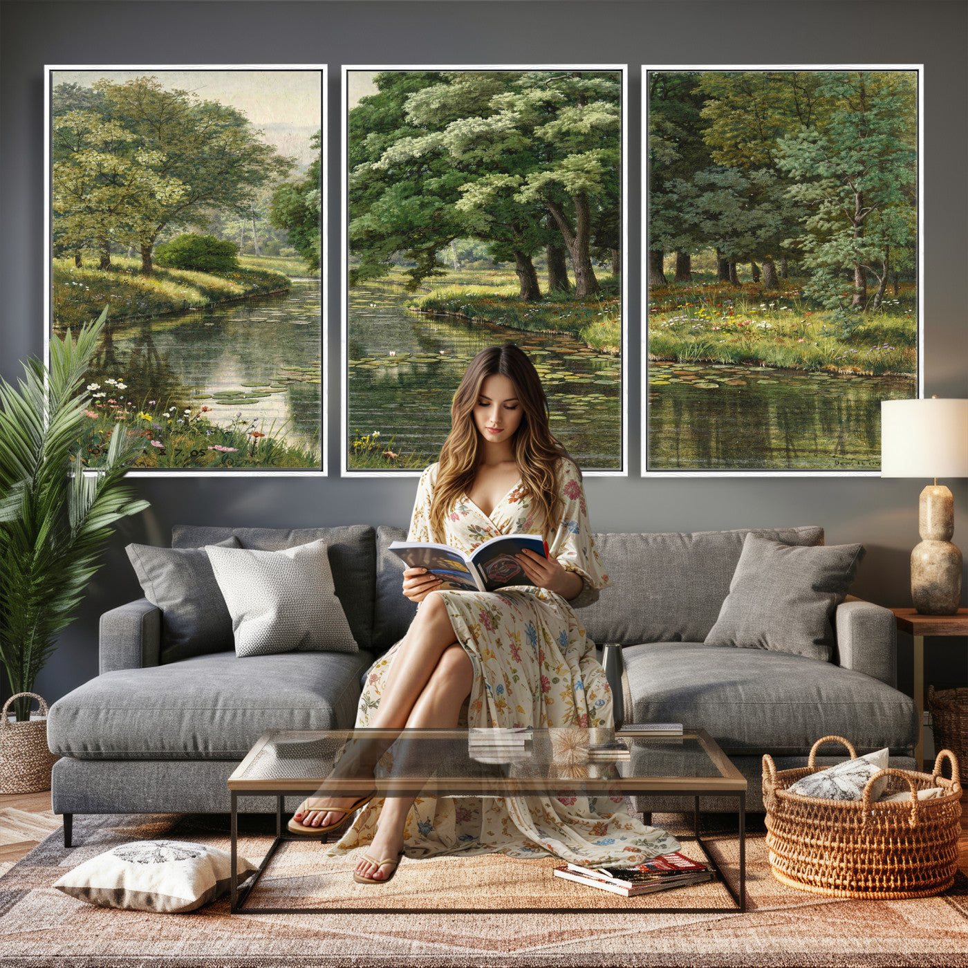 44288560-MGV-CV-36X24 - Forest Stream Canvas Wall Art, Peder Monsted A Forest Stream 1905 Print, Danish Realist Landscape, Lily Pad River Nature Decor, Vintage Green Painting