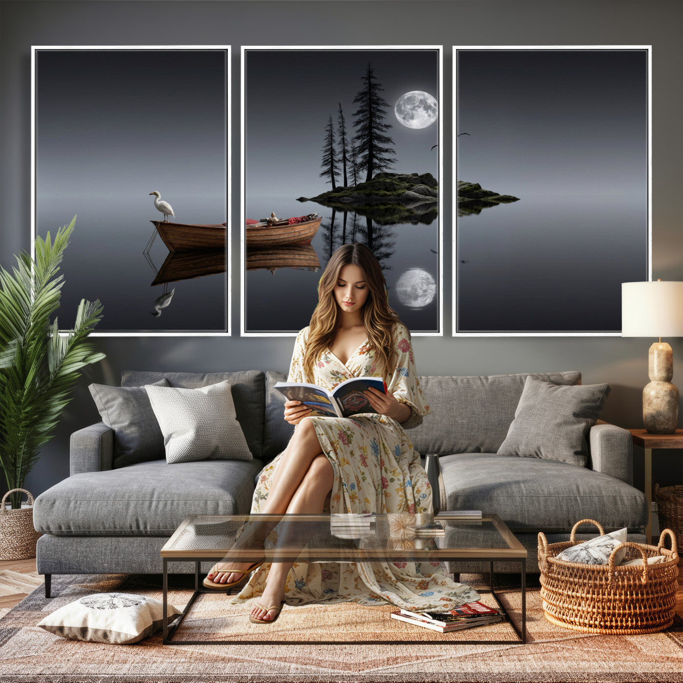 68839391D-MGV-CV-60X30-3P - Moonlit Lake Canvas Wall Art, Dreamy Boat Heron Full Moon Night Print, Dark Fantasy Nature Decor, Moody Bedroom Art, Surreal Landscape Wall Art