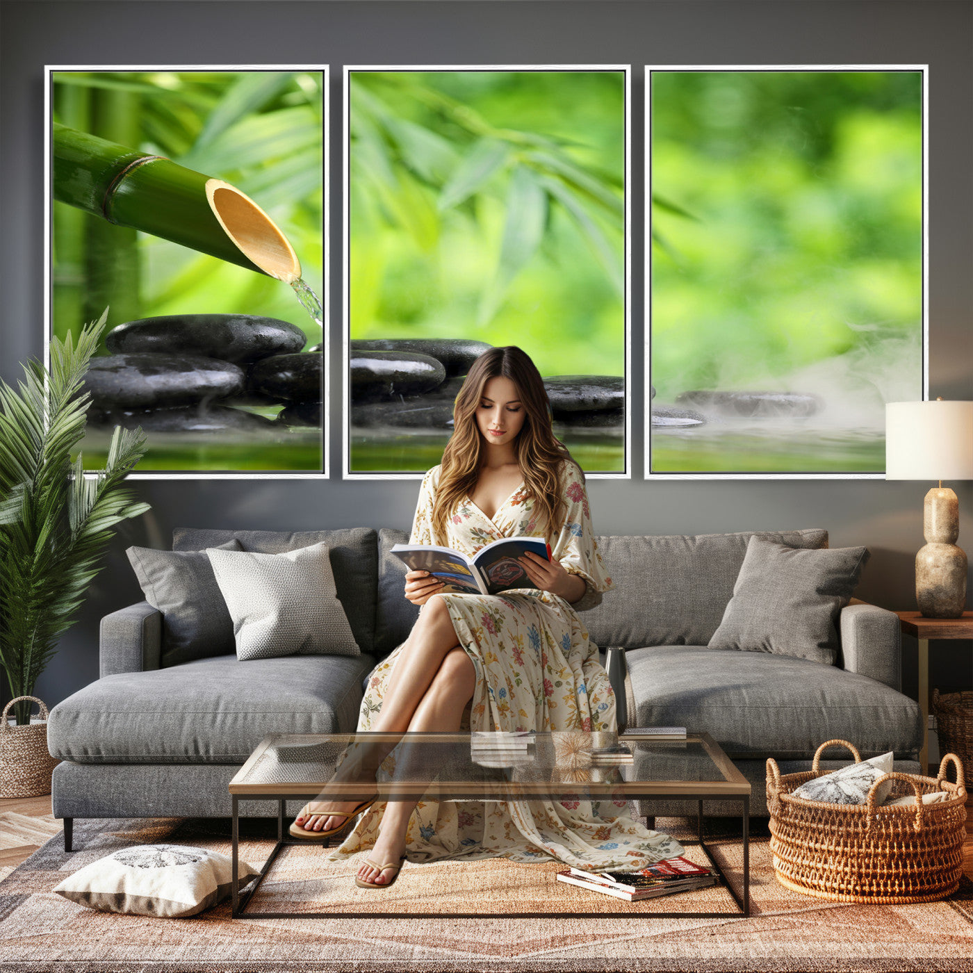 26961320-MGV-CV-36X24 - Bamboo Water Flow Black Stone Canvas | Zen Spa Nature Photography Print | Green Mist Japanese Garden Wall Art | Tranquil Decor