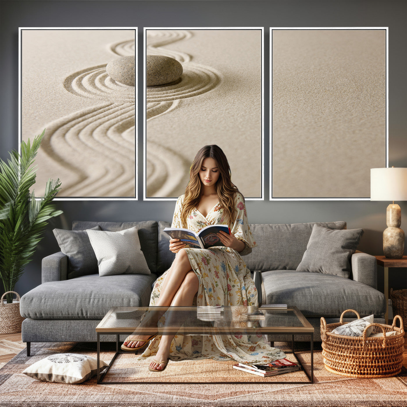 66852661-MGV-CV-36X24 - Zen Garden Stone Sand Canvas | Japanese Rock Garden Wall Art | Minimalist Meditation Print | Neutral Beige Mindfulness Decor
