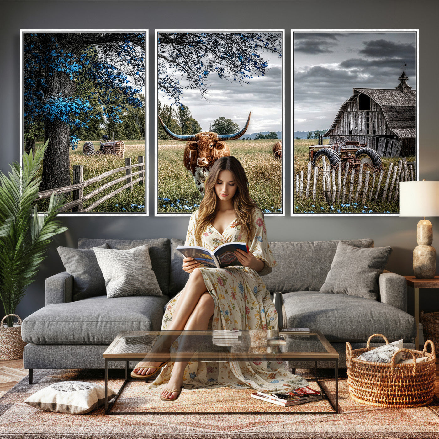 40526446-MGV-CV-60X30-3P - Texas Longhorn Canvas Wall Art, Rustic Farm Barn Bluebonnet Photography Print, Farmhouse Country Decor, Western Ranch Art, Old Truck Tractor Print