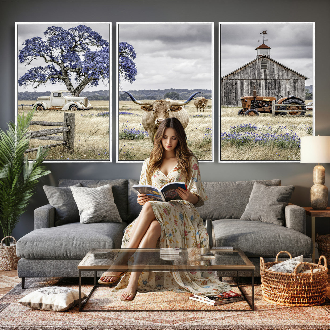 62336425-MGV-CV-60X30-3P - Texas Longhorn Canvas Wall Art, Rustic Farm Barn Bluebonnet Photography Print, Farmhouse Country Decor, Western Ranch Art, Old Truck Tractor Print