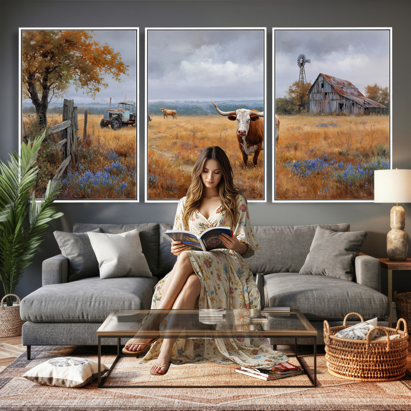 25324907-MGV-CV-60X30-3P - Texas Longhorn Canvas Wall Art, Rustic Farm Barn Bluebonnet Photography Print, Farmhouse Country Decor, Western Ranch Art, Old Truck Tractor Print