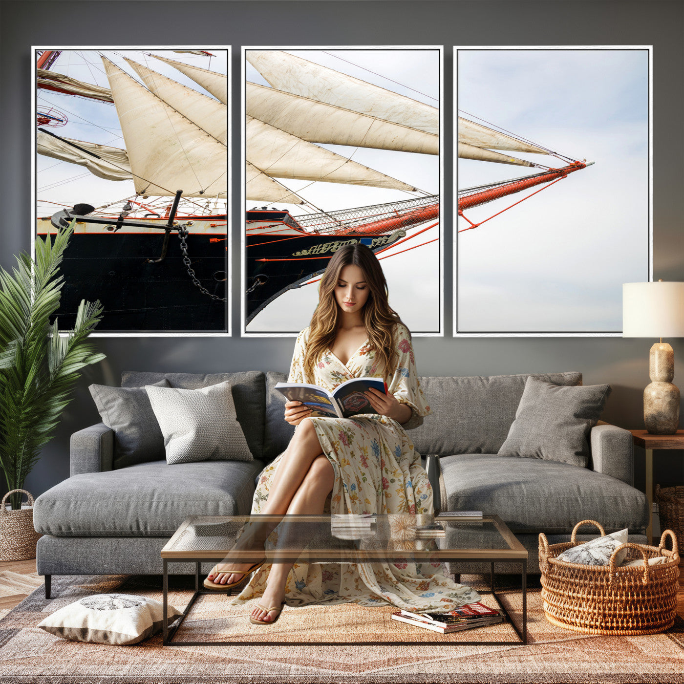 64830036-MGV-CV-36X24 - Sailboat Wall Art Canvas Print, Vintage Ship Bow Framed Artwork, Nautical Sailing Decor for Living Room Office Beach House