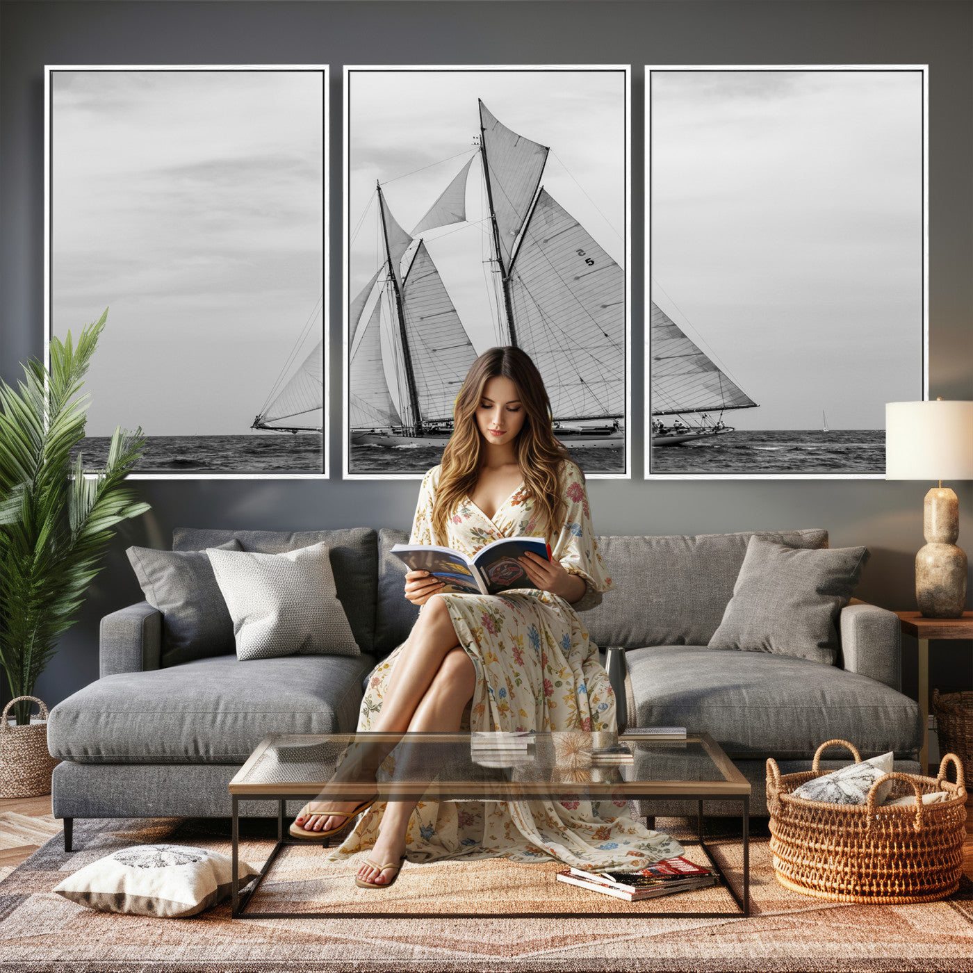 52882918-MGV-CV-36X24 - Vintage Sailboat Wall Art Canvas Print, Black and White Schooner Framed Artwork, Nautical Ocean Sailing Decor for Living Room Office Beach House