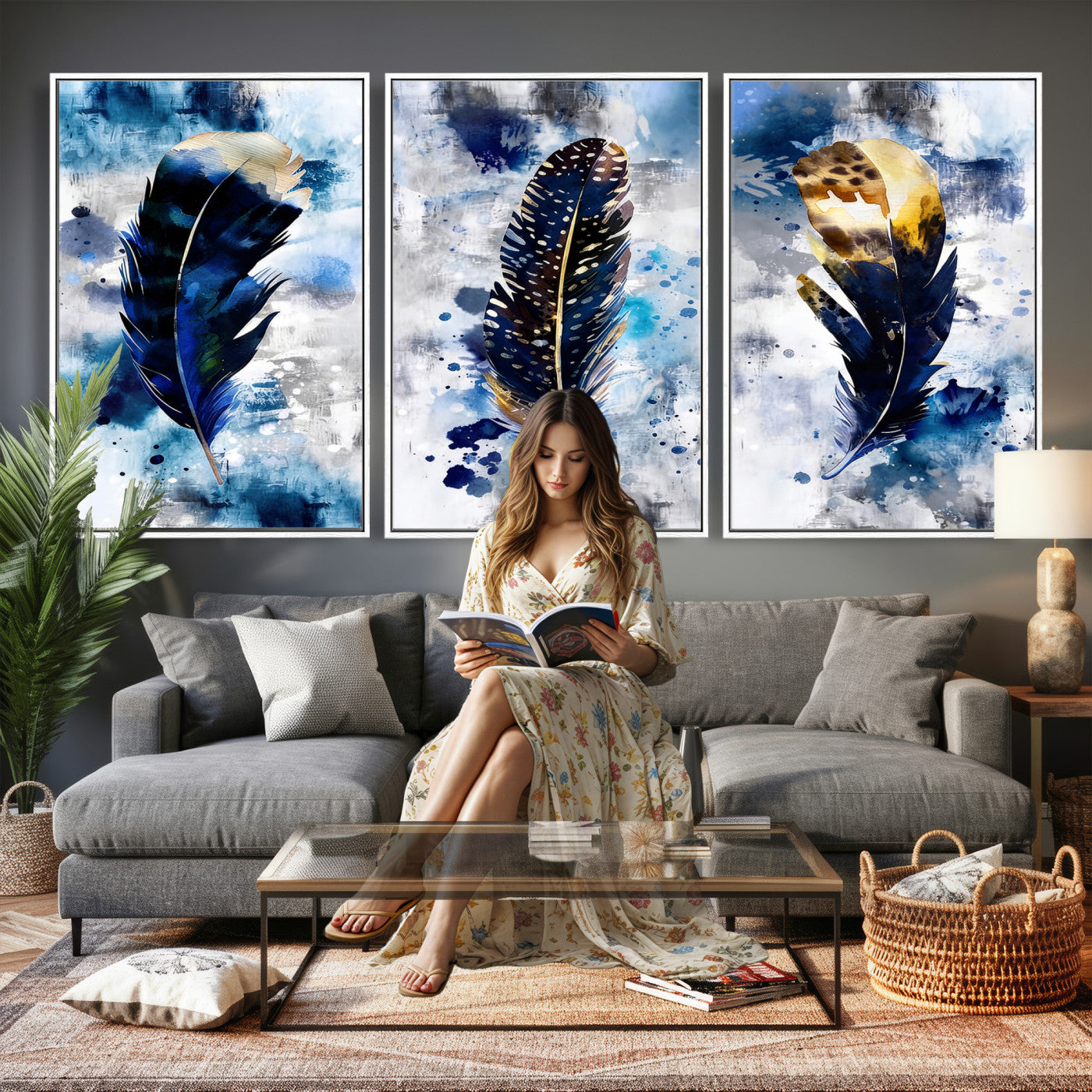 74325132F-MGV-CV-60X30-3P - Feather Canvas Wall Art Navy Blue Gold Watercolor Abstract Boho Eclectic Framed Large for Living Room Bedroom Office Entryway Decor