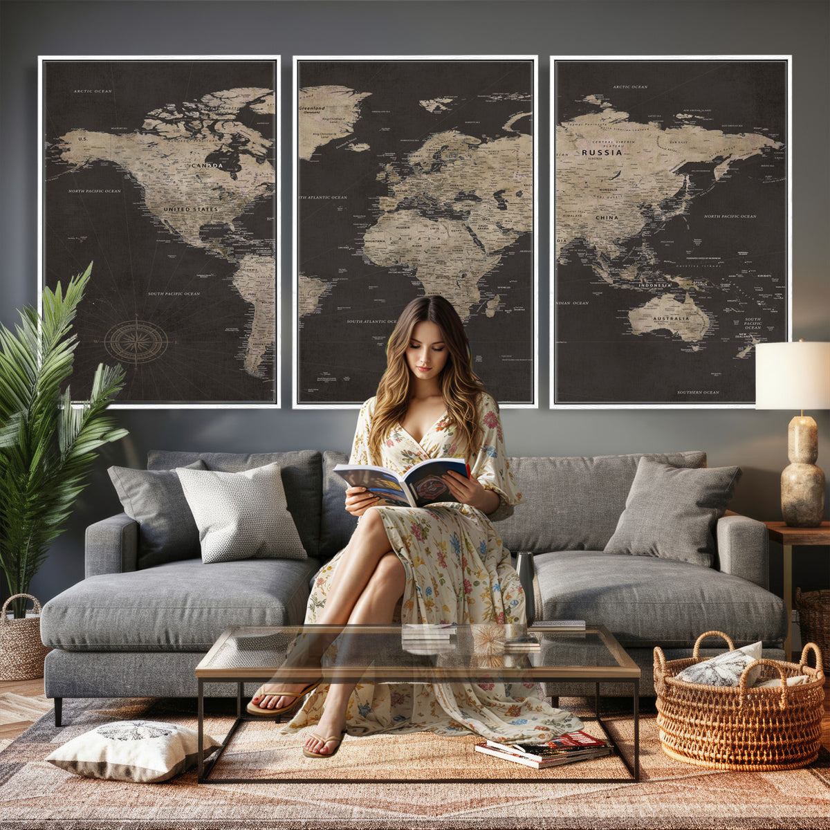 56556018136-MGV-CV-36X24 - World Map Canvas Wall Art, Dark Charcoal and Antique Tan Detailed Map