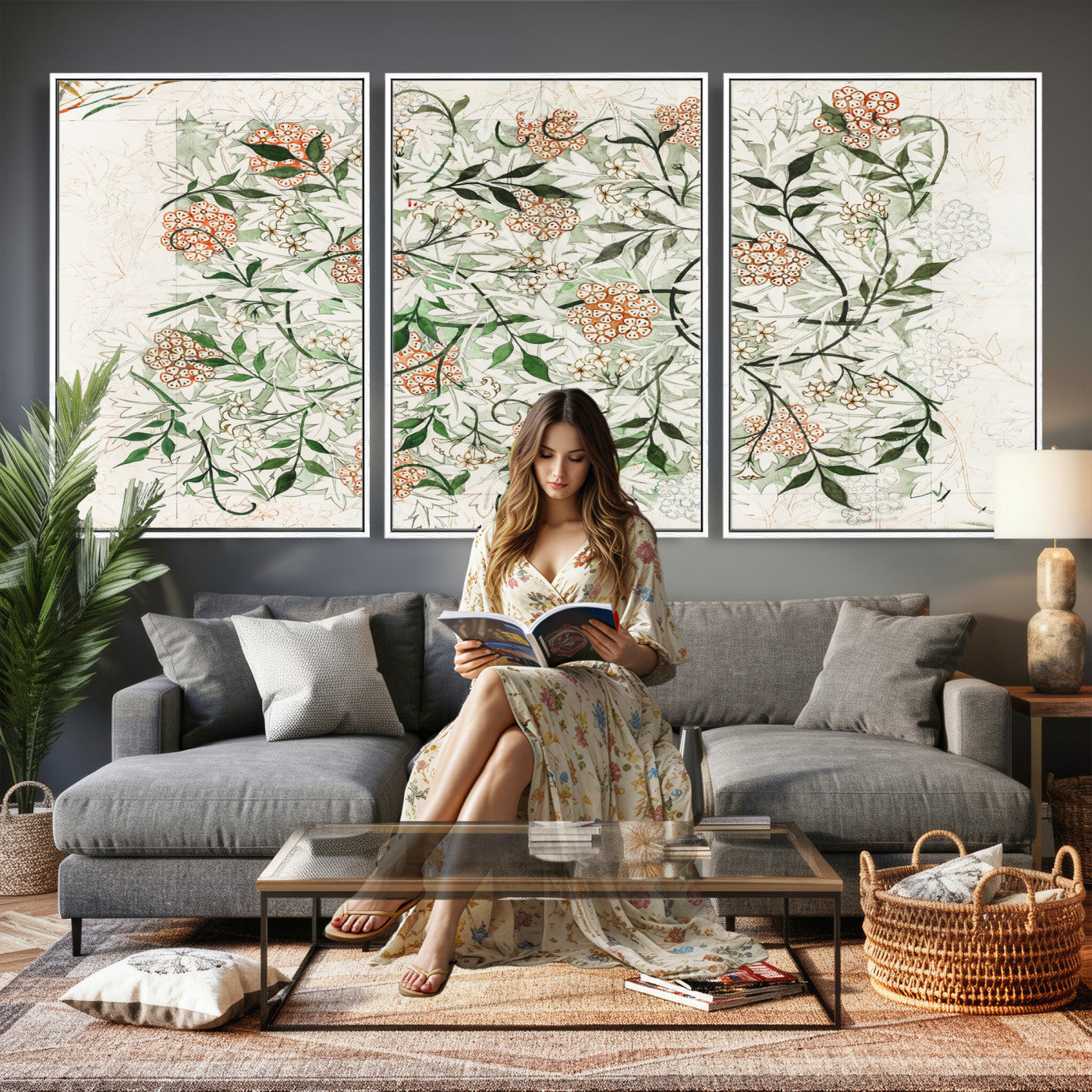 17622011W-MGV-CV-36X24 - William Morris Jasmine Flower Wall Art Canvas Print, Botanical Floral Canvas Print, Vintage Cottagecore Wall Decor, Framed Nature Artwork Ready to Hang