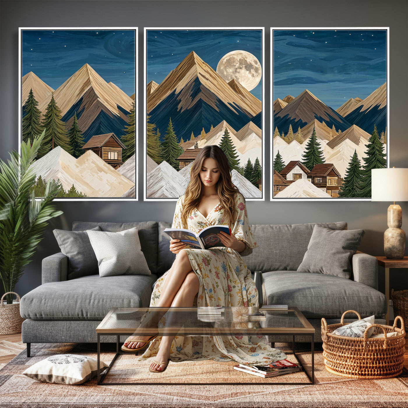 17622011MO-MGV-CV-60X30-3P - Moonlit Mountain Cabin Wall Art Canvas Print, Rustic Mountain Landscape Canvas Print, Woodland Cabin Wall Decor, Framed Nature Artwork Ready to Hang