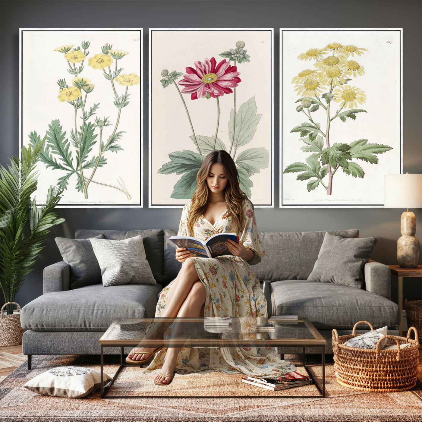 17622011MF-MGV-CV-60X30-3P - Antique Botanical Canvas Wall Art, Victorian Flower Illustration Triptych Print, Cottagecore Vintage Botanical Decor