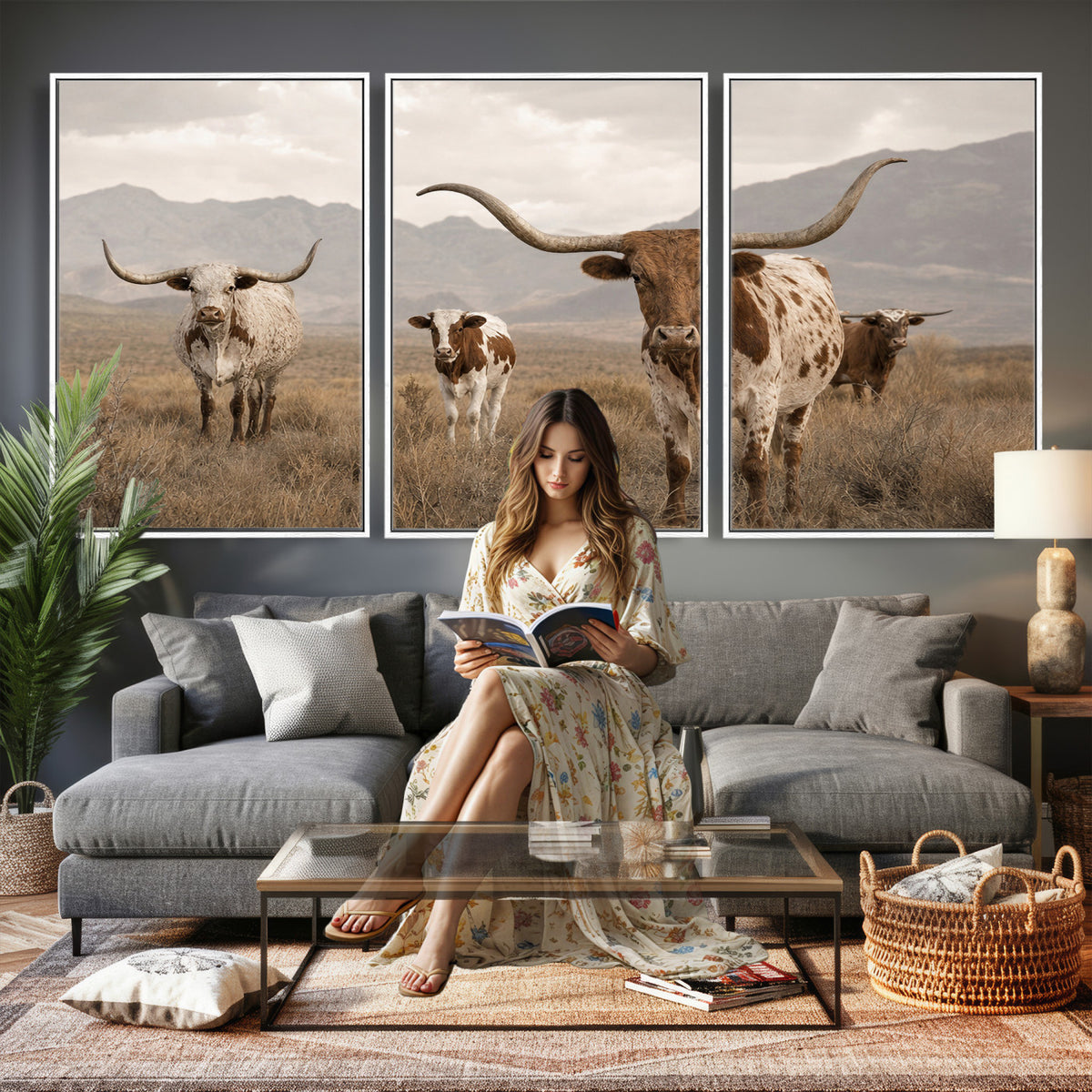 62336425AD-MGV-CV-36X24 - Rustic Texas Longhorn Cow Canvas Wall Art Print, Rustic Farm Animal Photography Print, Farmhouse Country Decor, Western Ranch Art