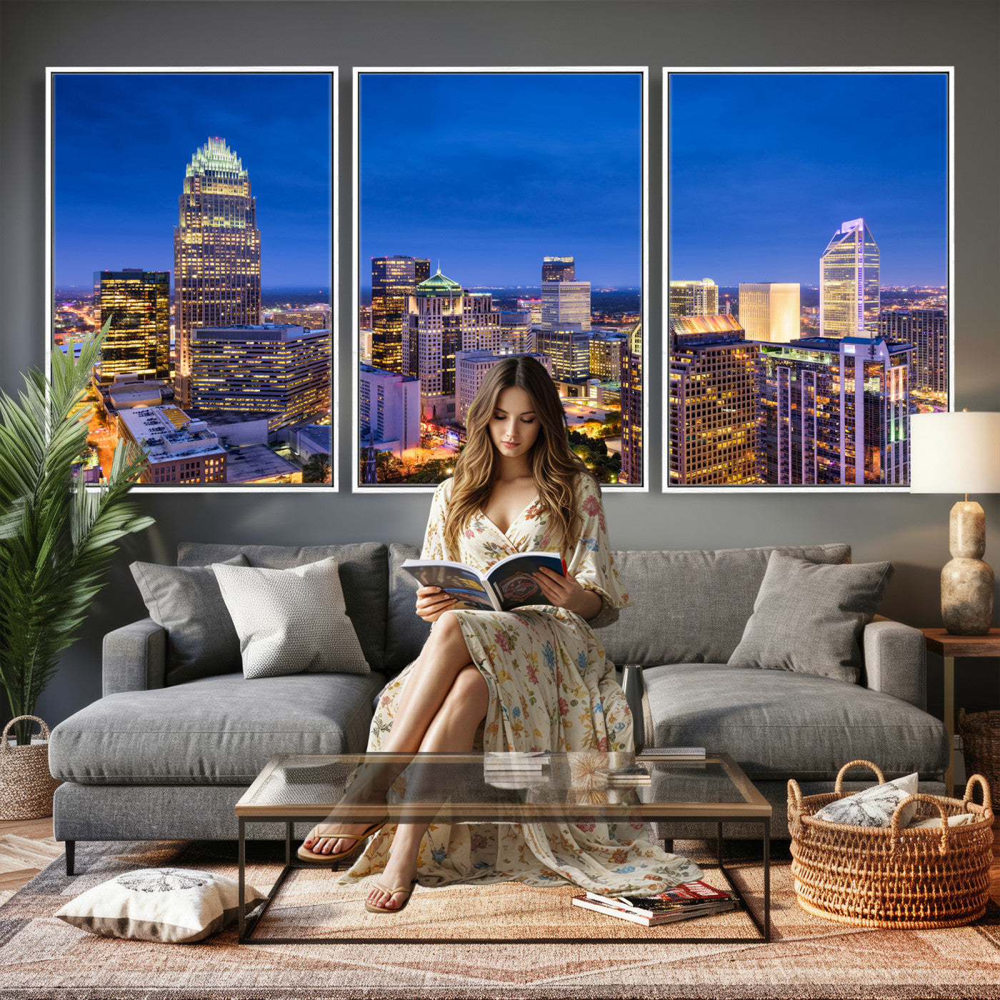 74382190-MGV-CV-36X24 - Charlotte Skyline Canvas Wall Art Print – North Carolina Cityscape Photography Print