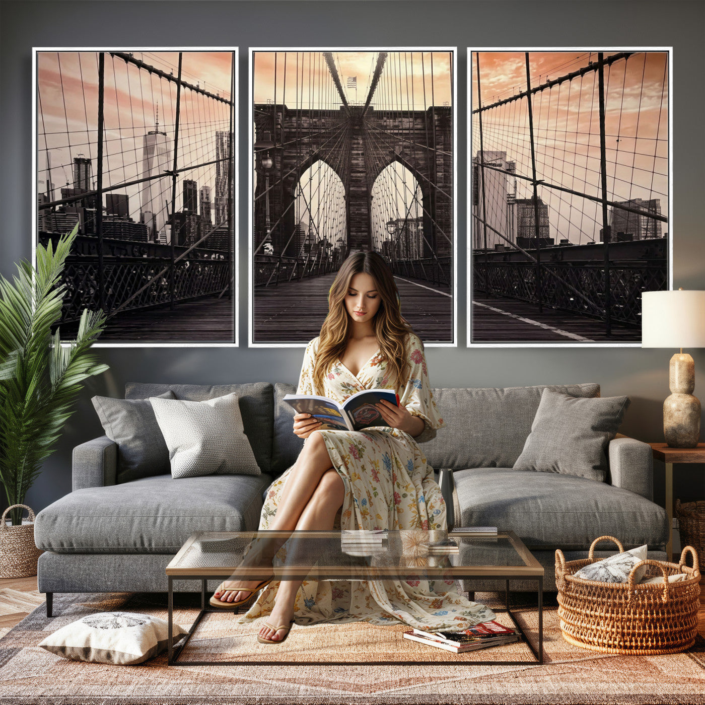 93226664-MGV-CV-36X24 - Brooklyn Bridge Canvas Wall Art, New York City Skyline Photography Print, NYC Landmark Urban Decor Artwork