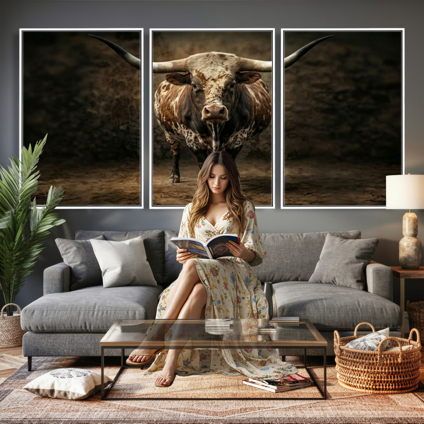 59378683-MGV-CV-60X30-3P - Texas Longhorn Bull Canvas Wall Art, Western Ranch Cattle Photography Print, Rustic Farmhouse Cowboy Decor Artwork