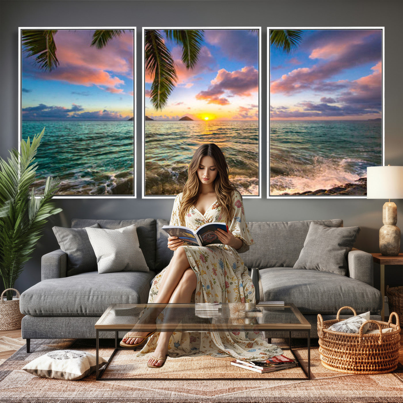 13207742-MGV-CV-36X24 - Hawaii Beach Sunset Canvas Wall Art Print, Tropical Ocean Landscape Artwork, Palm Tree Coastal Decor for Living Room Bedroom